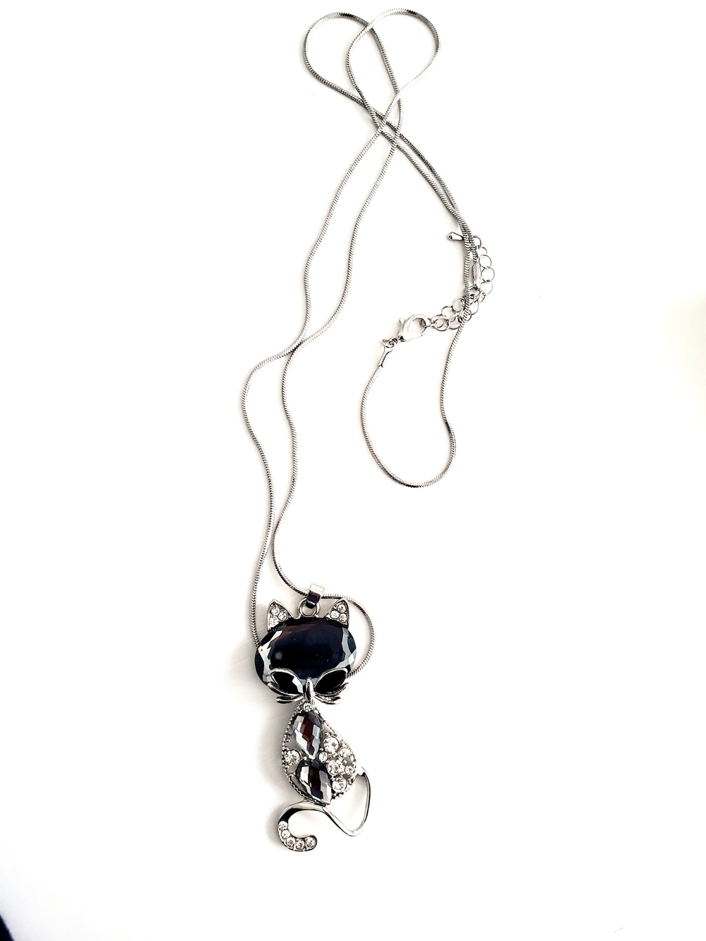 Silver Cat Pendant Necklace with Black Stone